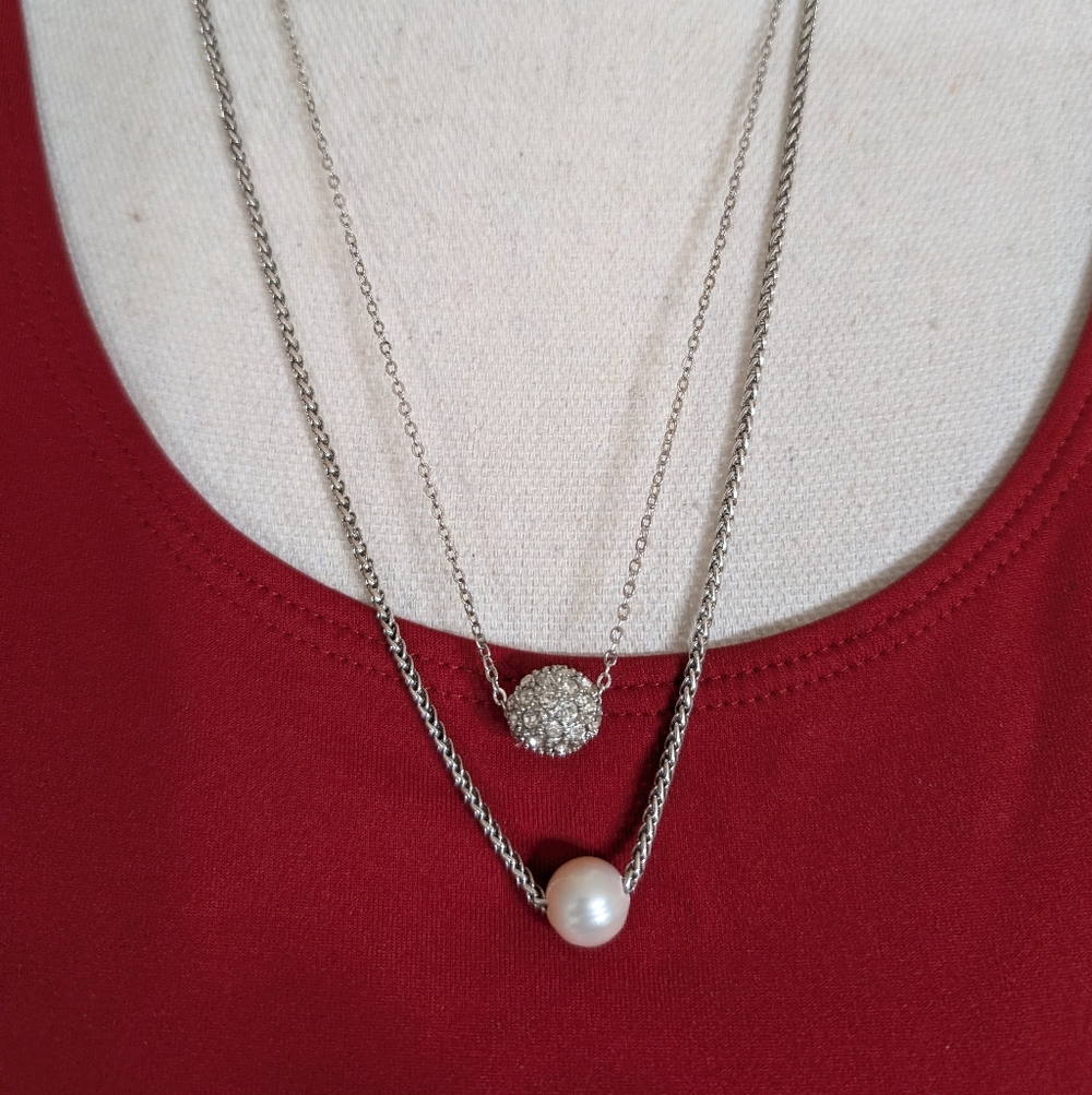 J. Jill Dainty Silvertone Layered Necklace With Sparkling Fireball And Pearl NWT